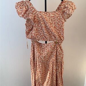 Luna Moon Orange and cream Floral Print Two-Piece Set size Large